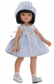 Кукла Лиу в голубом платье в полоску и панаме, 32 см