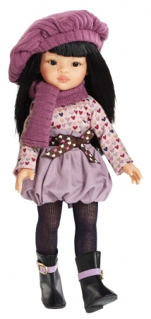 Кукла Лиу в сиреневом берете и кофте с сердечками, 32 см