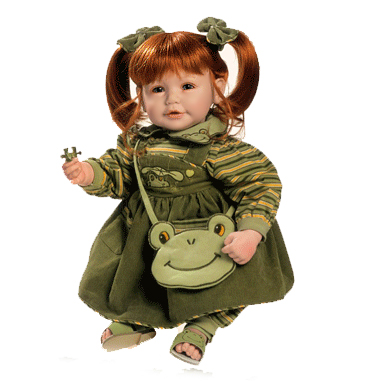 Кукла рыжеволосая, с голубыми глазами, в зеленом платье, сумка-лягушка